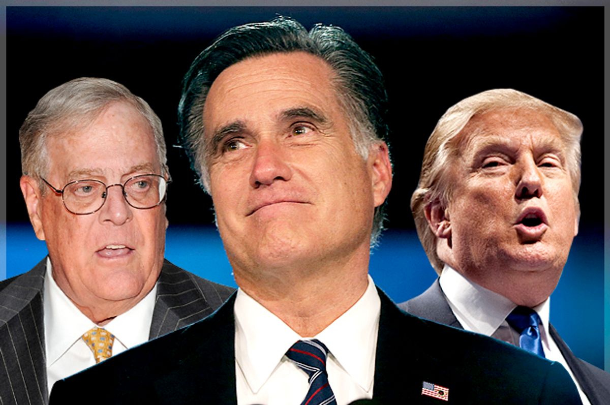 David Koch, Mitt Romney, Donald Trump                                  (AP/Evan Agostini/Charles Dharapak/Reuters/Joshua Roberts/Photo montage by Salon)