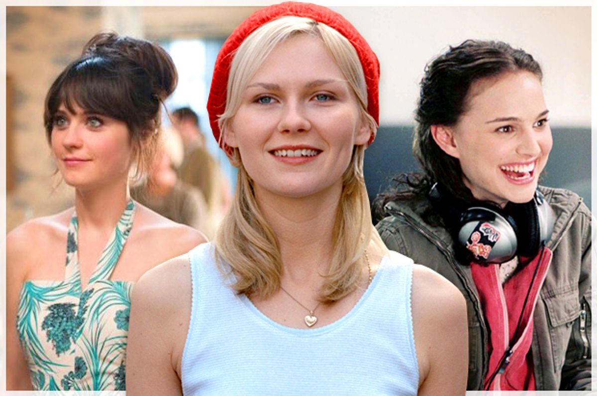 Zooey Deschanel in "(500) Days of Summer," Kirsten Dunst in "Elizabethtown," Natalie Portman in "Garden State"     