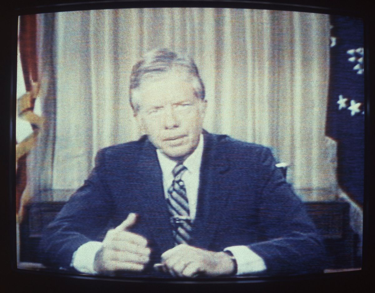 FILE - In this July 15, 1979, file photo, President Jimmy Carter delivers his energy speech, which became known as the "malaise" speech, on television. When Carter felt beset by pessimism amid the energy crisis in 1979, he gave a startling speech warning that a crisis of confidence posed a fundamental threat to U.S. democracy. With a mix of alarm and dismay, President Barack Obama has started musing about the dangers of cynicism in nearly every major public appearance. The cautionary note has showed up in speeches to students and civil rights groups, at Democratic fundraisers, even in his meeting with Pope Francis. (AP Photo/Dale G. Young, File) (AP)