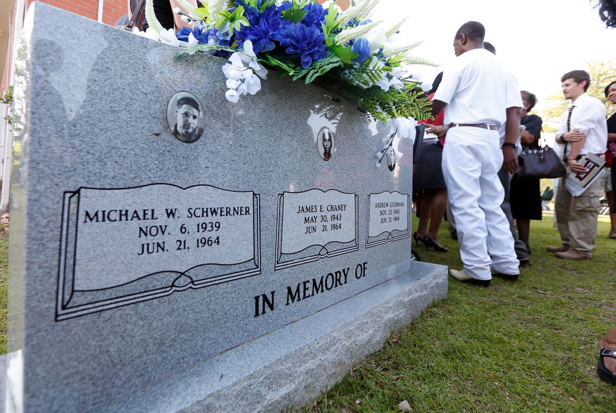 A commemorative service for James Chaney, Andrew Goodman, and Michael Schwerner, all killed in Neshoba County for their voter registration work among blacks in 1964 in then segregationist Mississippi.   (AP/Rogelio V. Solis)