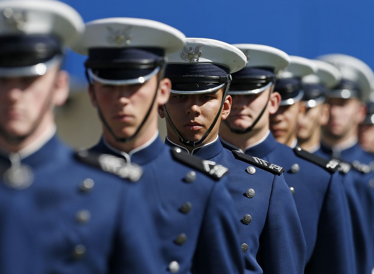 Air Force Cadets from the class of 2014 arrive for their graduation ceremony at the U.S. Air Force Academy, Colo., Wednesday, May 28, 2014.  (AP Photo/Brennan Linsley)   (AP)