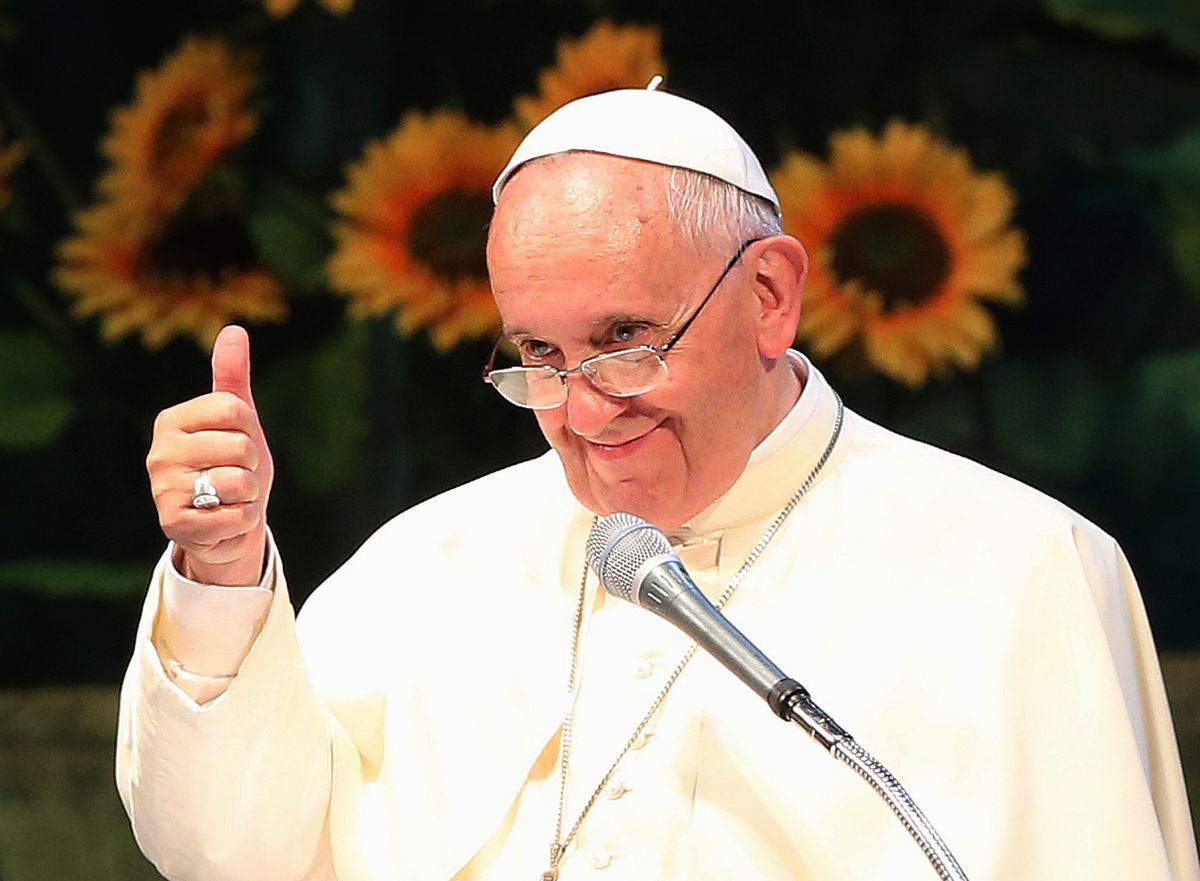 Pope Francis gestures during Asian Youth at the Solmoe sanctuary in Dangjin, South Korea, Friday, Aug. 15, 2014. (AP Photo/Ahn Young-joon, Pool)       (Ahn Young-joon)