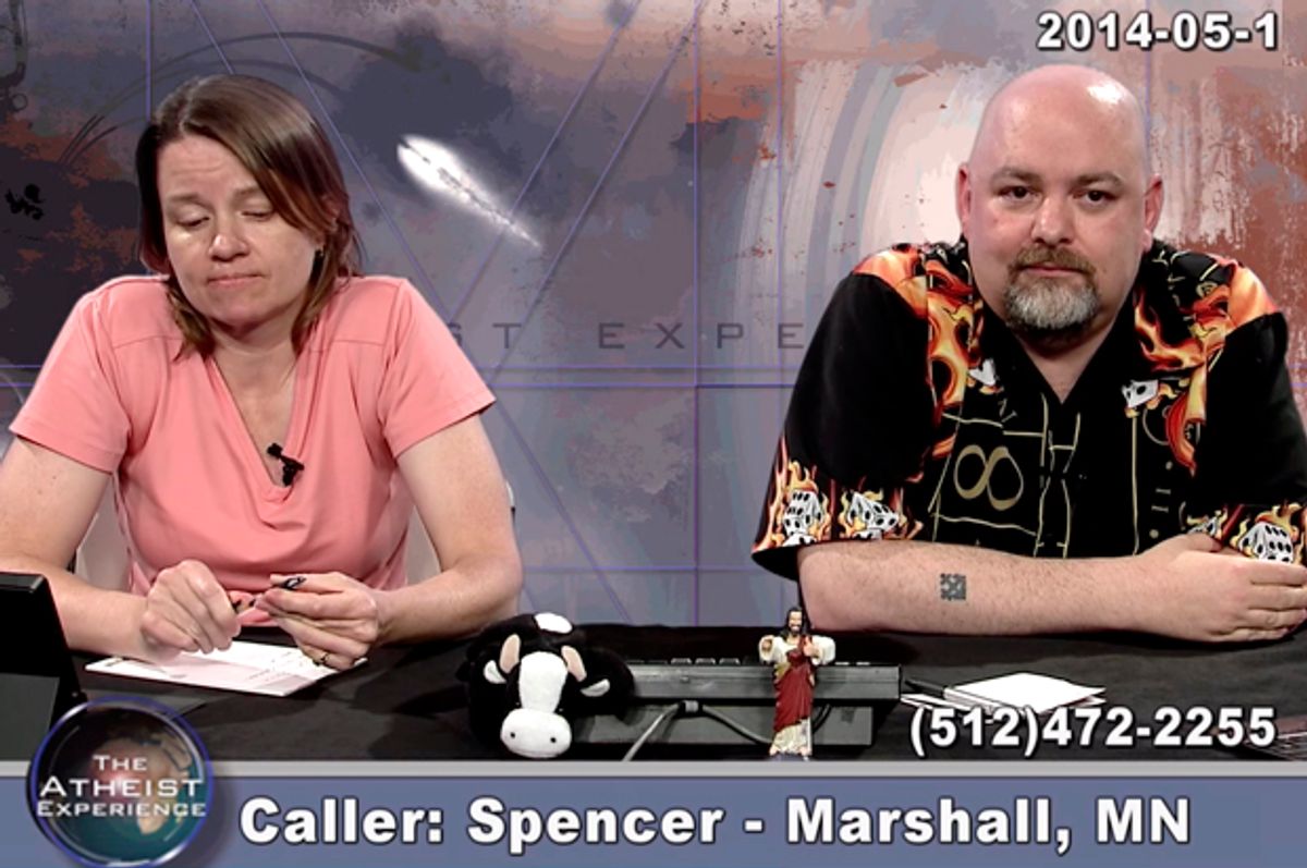  "The Atheist Experience" co-hosts Matt Dillahunty and Jen Peeples share a moment of levity. (AtheistTV)   