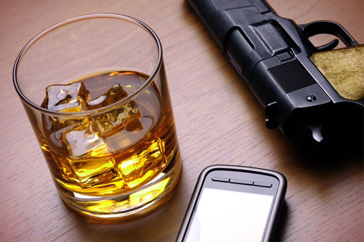   (<a href='http://www.shutterstock.com/pic-163082765/stock-photo-a-glass-of-alcoholic-drink-a-cell-phone-and-a-handgun-over-a-wooden-table.html?src=M1EFJ-69jweGwL7t5BW3wQ-1-1'>Carlos Caetano</a> via <a href='http://www.shutterstock.com/'>Shutterstock</a>)
