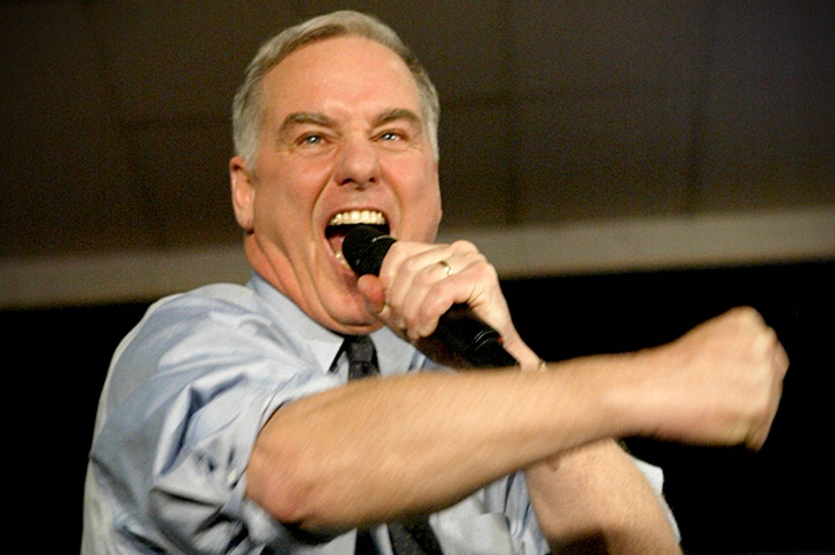 Howard Dean lets loose the "Dean Scream" while addressing supporters in West Des Moines, Iowa on Jan. 19, 2004.       (AP/Paul Sancya)
