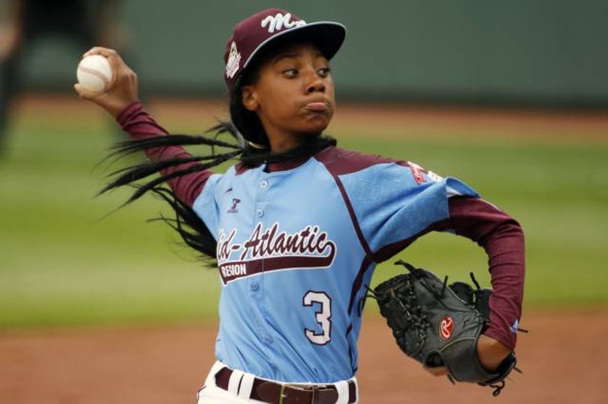 Pennsylvania's  Mo'ne Davis delivers in the fifth inning against Tennessee during a baseball game in United States pool play at the Little League World Series tournament in South Williamsport, Pa., Friday, Aug. 15, 2014. Pennsylvania won 4-0 with Davis pitching a complete game two-hit shutout. AP Photo/Gene J. Puskar)  (AP)