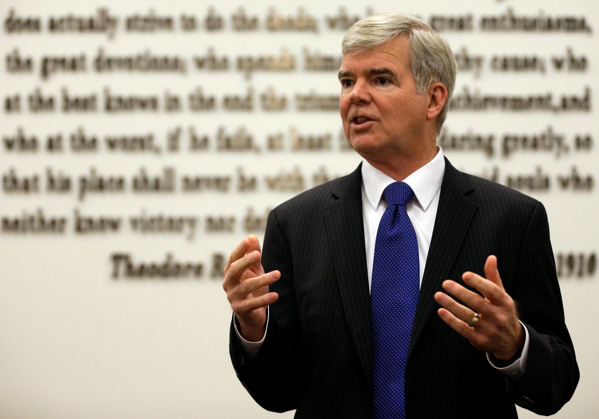 NCAA President Mark Emmert gestures while speaking at NCAA headquarters in Indianapolis, Thursday, Aug. 7, 2014. The NCAA Board of Directors overwhelmingly approved a package of historic reforms Thursday that will give the nation's five biggest conferences the ability to unilaterally change some of the basic rules governing college sports. (AP Photo/Michael Conroy) (AP)