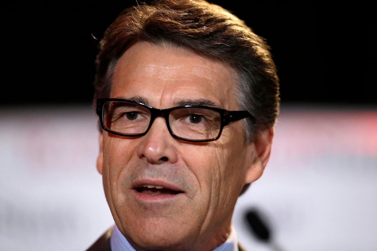FILE - In this Friday, Aug. 8, 2014, file photo, Texas Gov. Rick Perry delivers a speech to nearly 300 in attendance at the 2014 RedState Gathering, in Fort Worth, Texas. Perry was indicted on Friday, Aug. 15, 2014, for abuse of power after carrying out a threat to veto funding for state public corruption prosecutors. (AP Photo/Tony Gutierrez, File) (AP)
