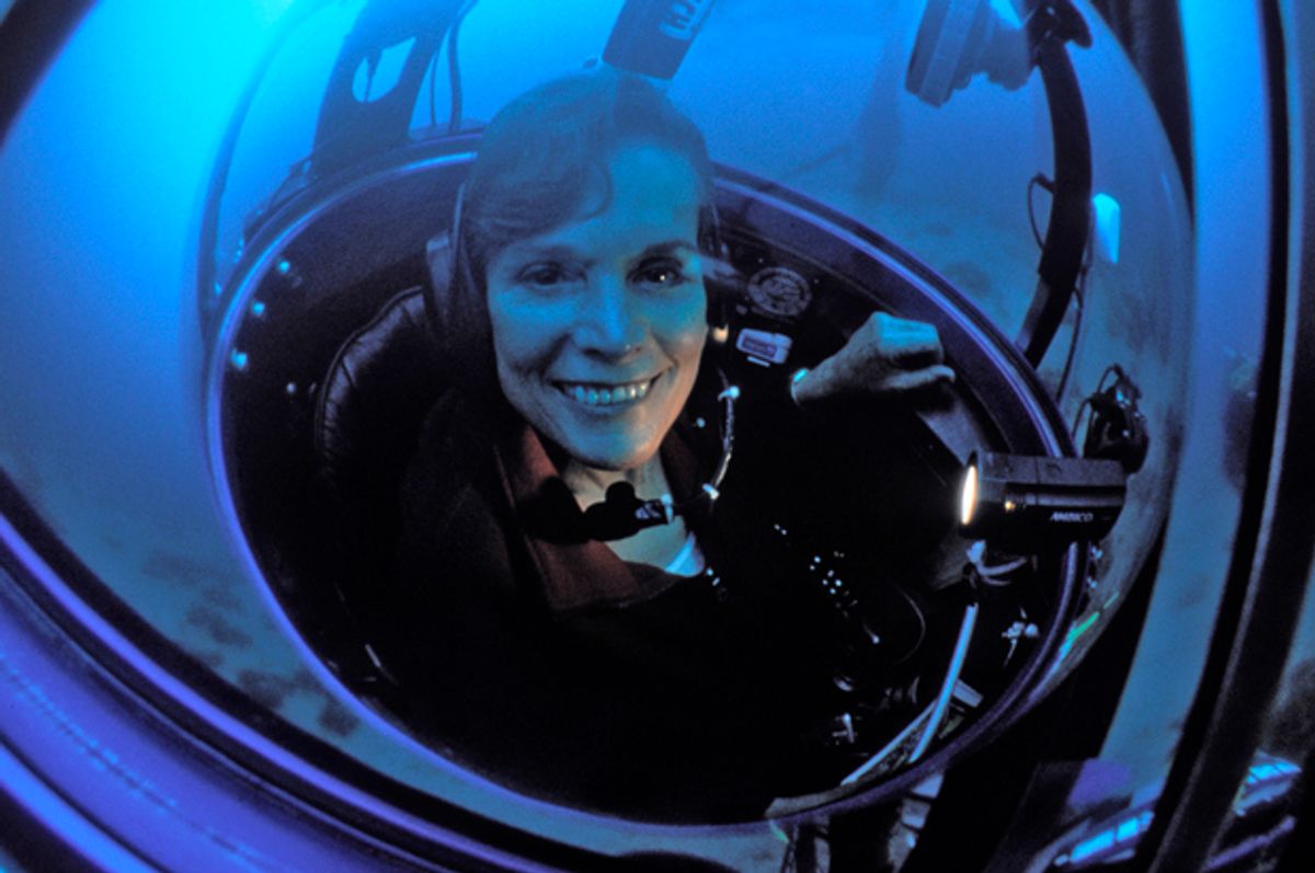 Sylvia Earle sits on a tiny one-person submersible called the Deep Worker.       (Kip Evans)