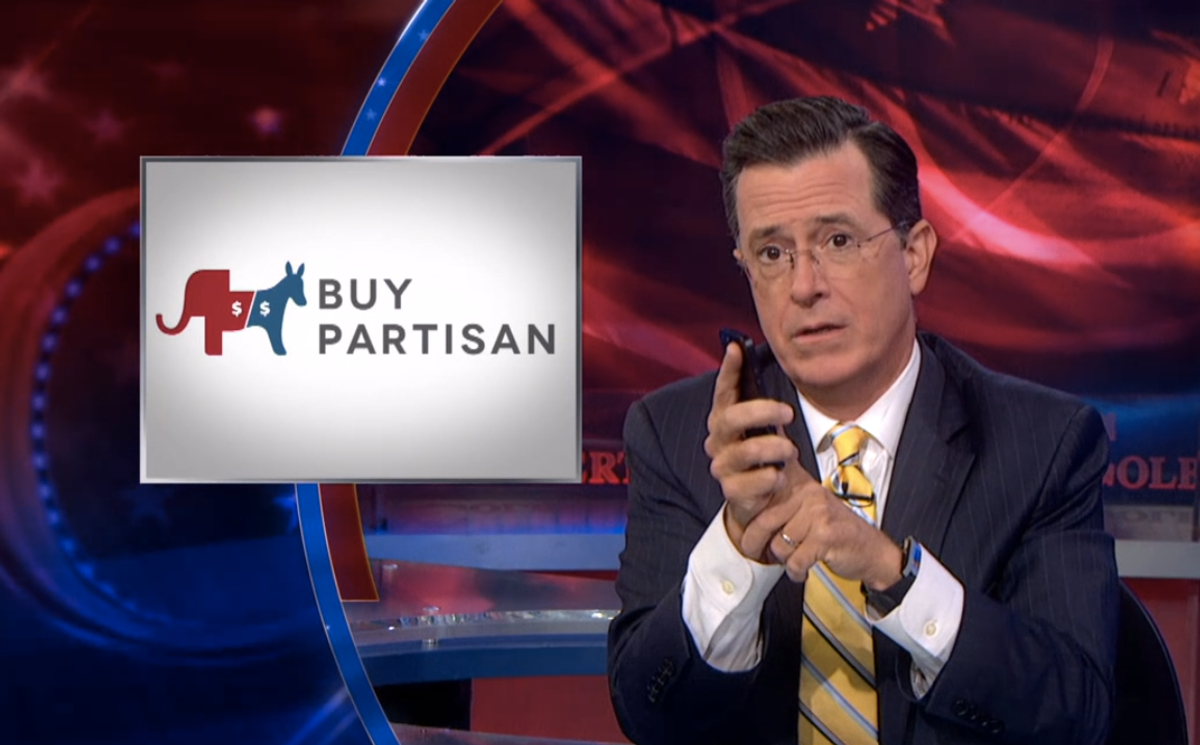 Stephen Colbert tests out the Buy Partisan app   (Screenshot/The Colbert Report)