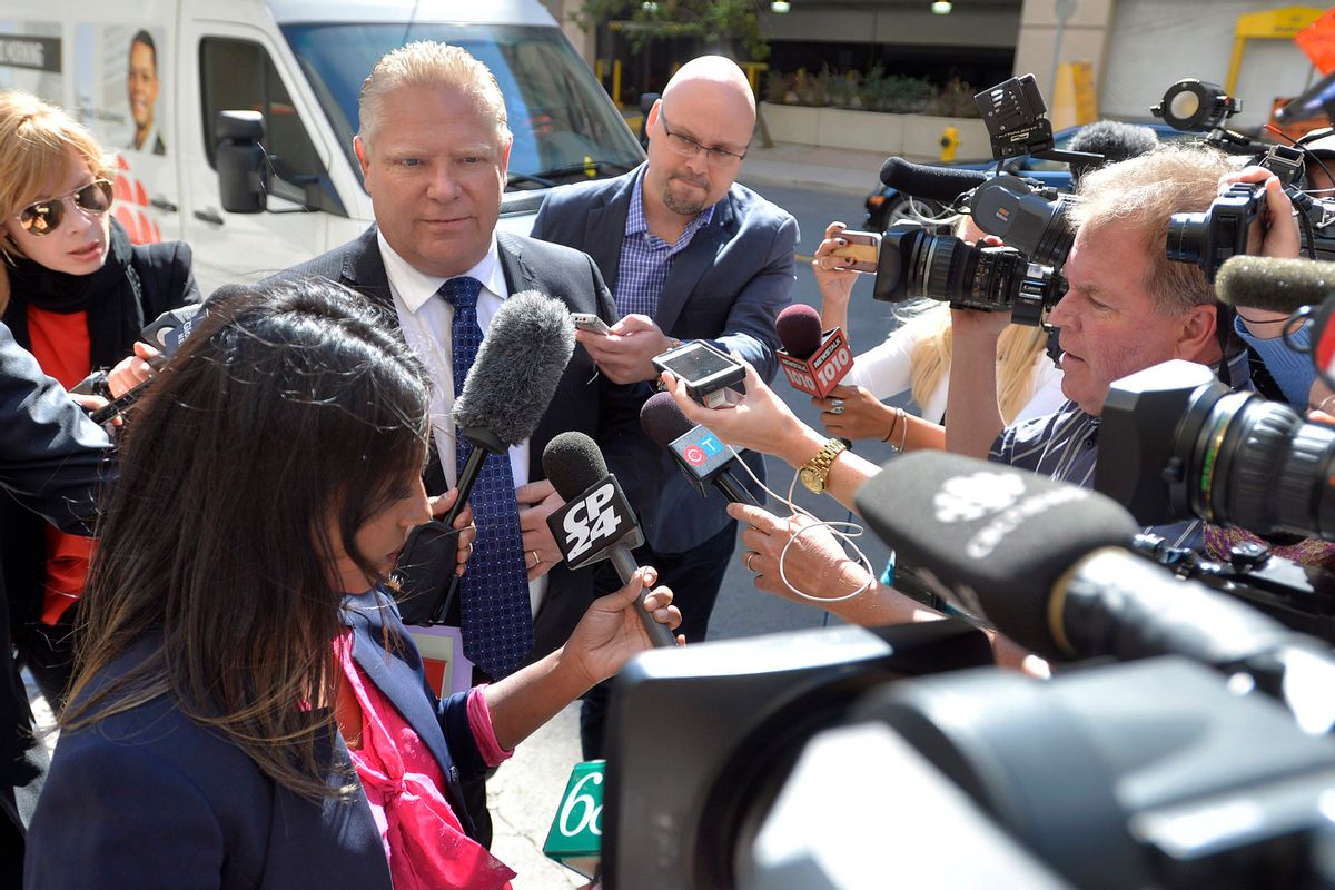 Mayor Rob Ford's brother, Doug Ford, arrives at Mount Sinai Hospital in Toronto on Wednesday, Sept. 17, 2014. Later in the day, Mayor Ford's doctor said he is suffering from a rare and difficult cancer that will require aggressive chemotherapy. (AP Photo/The Canadian Press, Nathan Denette) (AP)