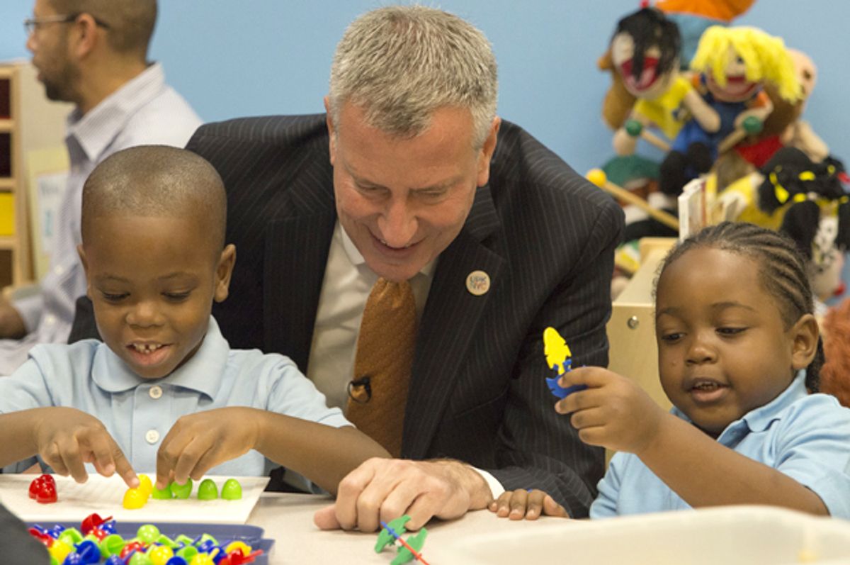 Bill de Blasio visits the Inner Force Early Tots Childhood Learning Center, Brooklyn NY, Sept. 4, 2014.           (AP/Theodore Parisienne)