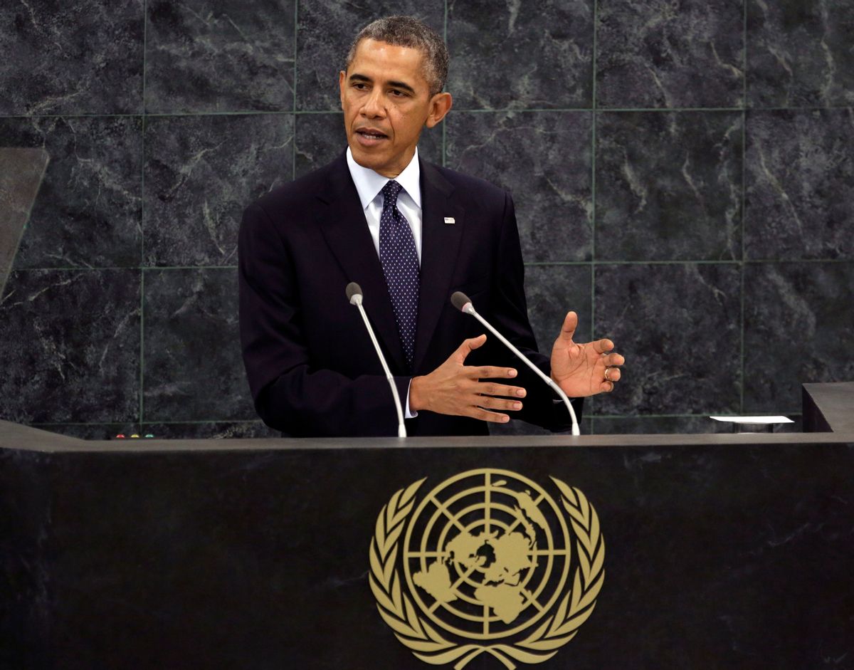FILE - In this Sept. 24, 2013 file photo, President Barack Obama addresses the 68th session of the United Nations General Assembly. (AP/Richard Drew)