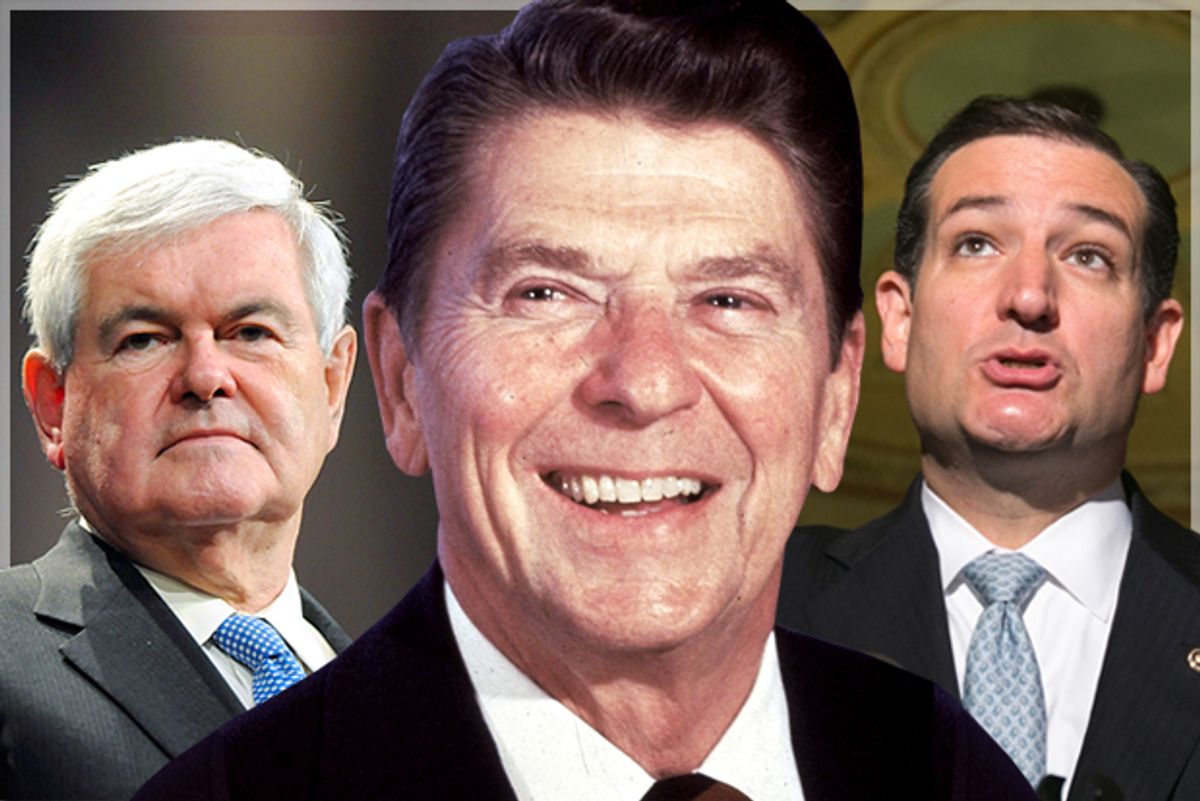 Newt Gingrich, Ronald Reagan, Ted Cruz                            (AP/Reuters/Tami Chappell/Kevin Lamarque/photo montage by Salon)