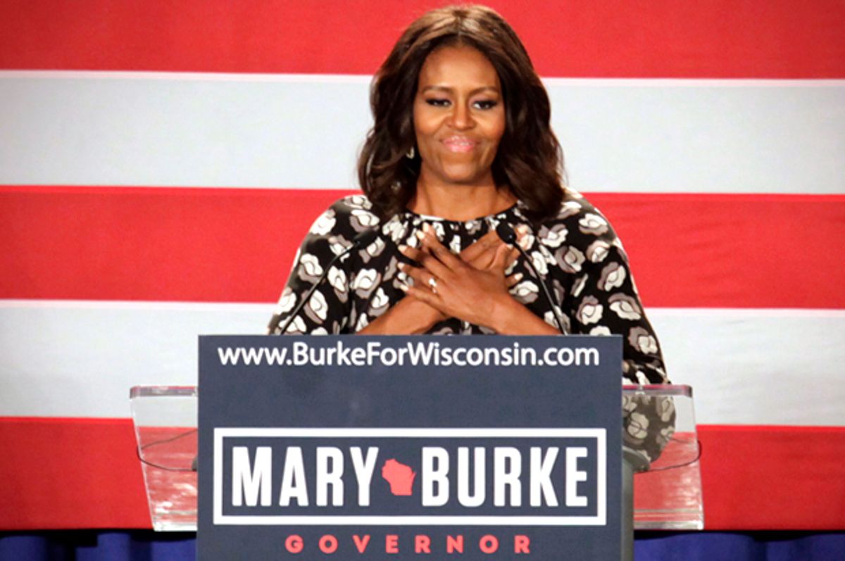 Michelle Obama speaks on behalf of Wisconsin Democratic gubernatorial candidate Mary Burke at a campaign rally, Sept. 29, 2014, in Milwaukee.         (AP/Darren Hauck)