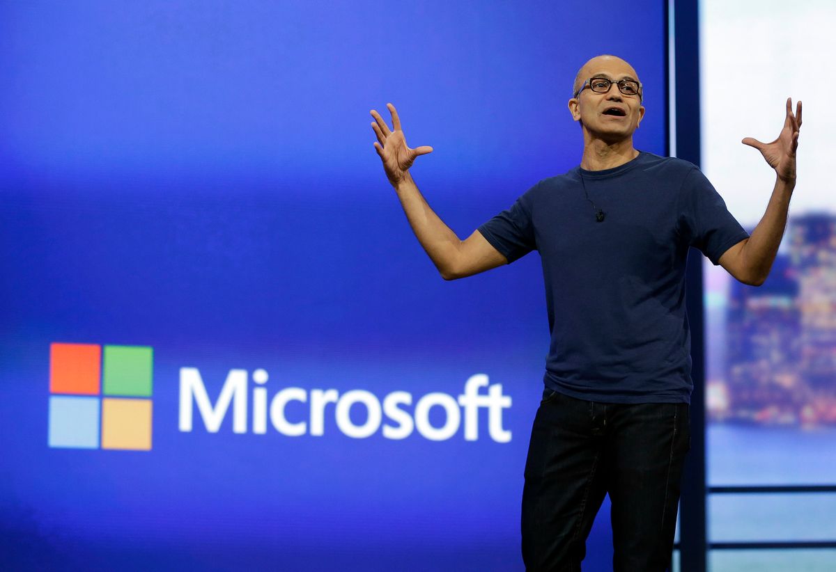 Microsoft CEO Satya Nadella gestures during the keynote address of the Build Conference in San Francisco.  (AP Photo/Eric Risberg)