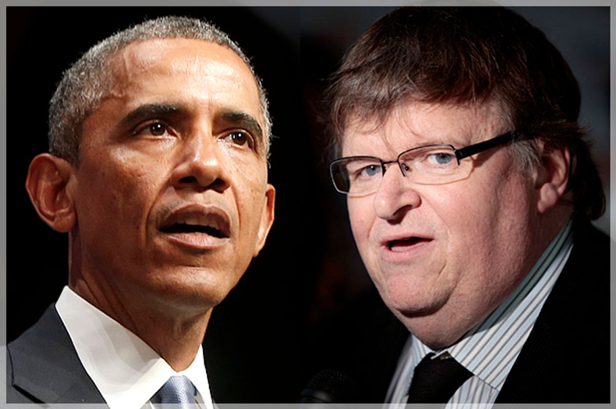 Barack Obama, Michael Moore             (Reuters/Charles Dharapak/Lucas Jackson/photo montage by Salon)