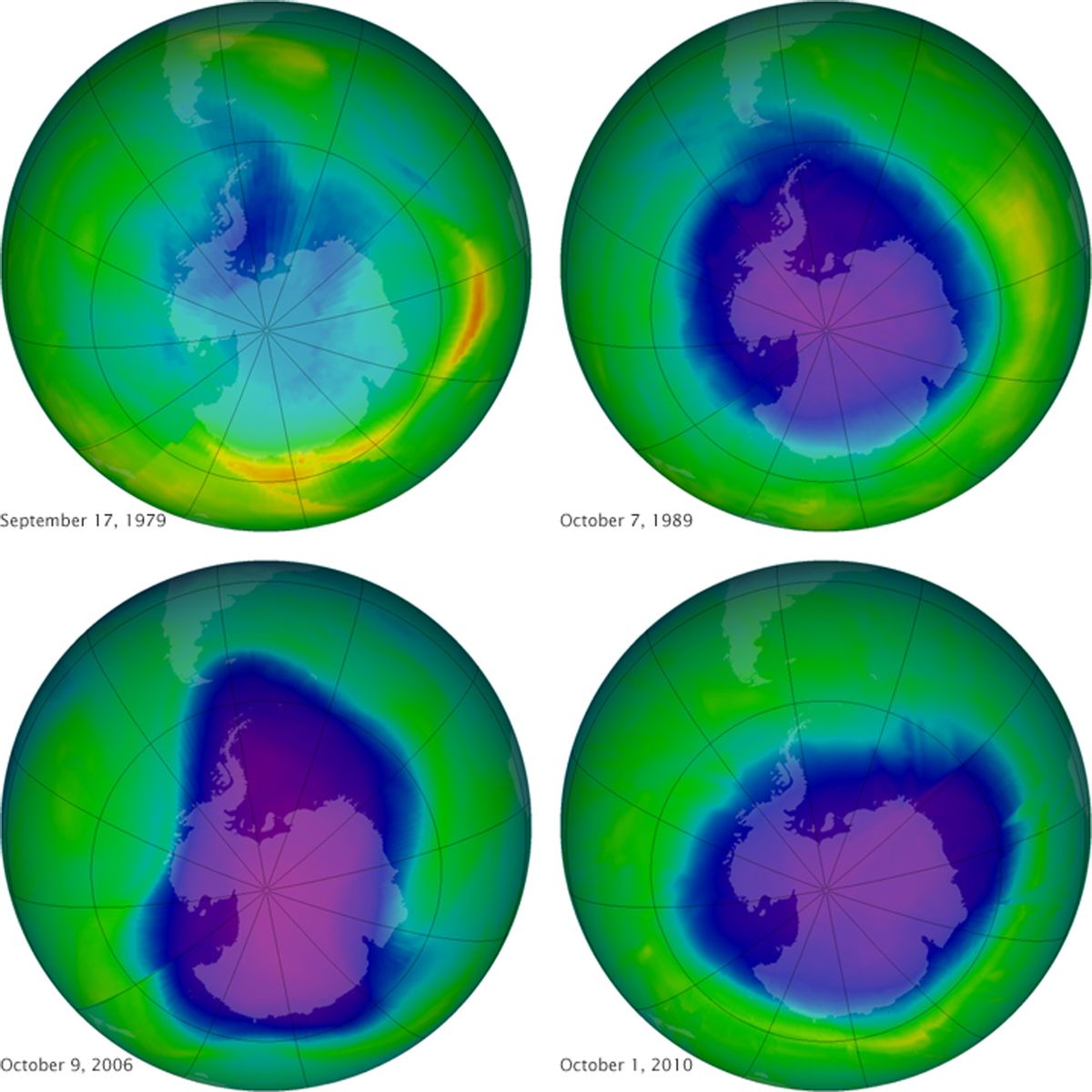 This undated image provided by NASA shows the ozone layer over the years, Sept. 17, 1979, top left, Oct. 7, 1989, top right, Oct. 9, 2006, lower left, and Oct. 1, 2010, lower right. Earth protective but fragile ozone layer is finally starting to rebound, says a United Nations panel of scientists. Scientists hail this as rare environmental good news, demonstrating that when the world comes together it can stop a brewing ecological crisis.  (AP/NASA)