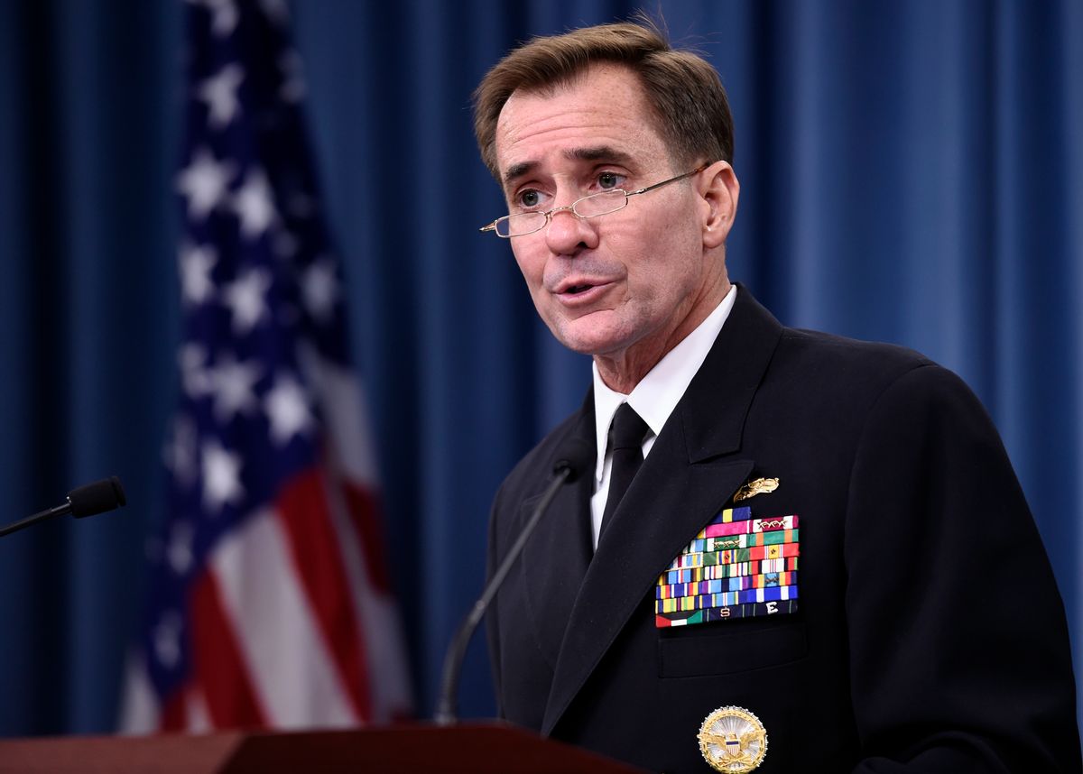 FILE - In this Sept. 2, 2014, file photo, Pentagon press secretary Navy Rear Adm. John Kirby speaks during a briefing at the Pentagon. The Pentagon on Monday night, Sept. 22, says the U.S. and partner nations have begun airstrikes in Syria against Islamic State militants, using a mix of fighter jets, bombers and Tomahawk missiles fired from ships in the region. Kirby says that because the military operation is ongoing, no details can be provided yet. He says the decision to strike was made early Monday by the military. (AP Photo/Susan Walsh, File) (AP)