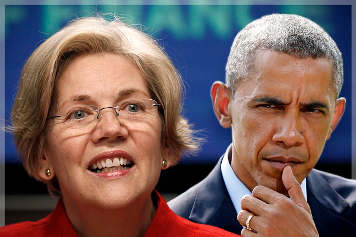 Elizabeth Warren, Barack Obama                    (Reuters/Kevin Lamarque/Yuri Gripas/photo montage by Salon)