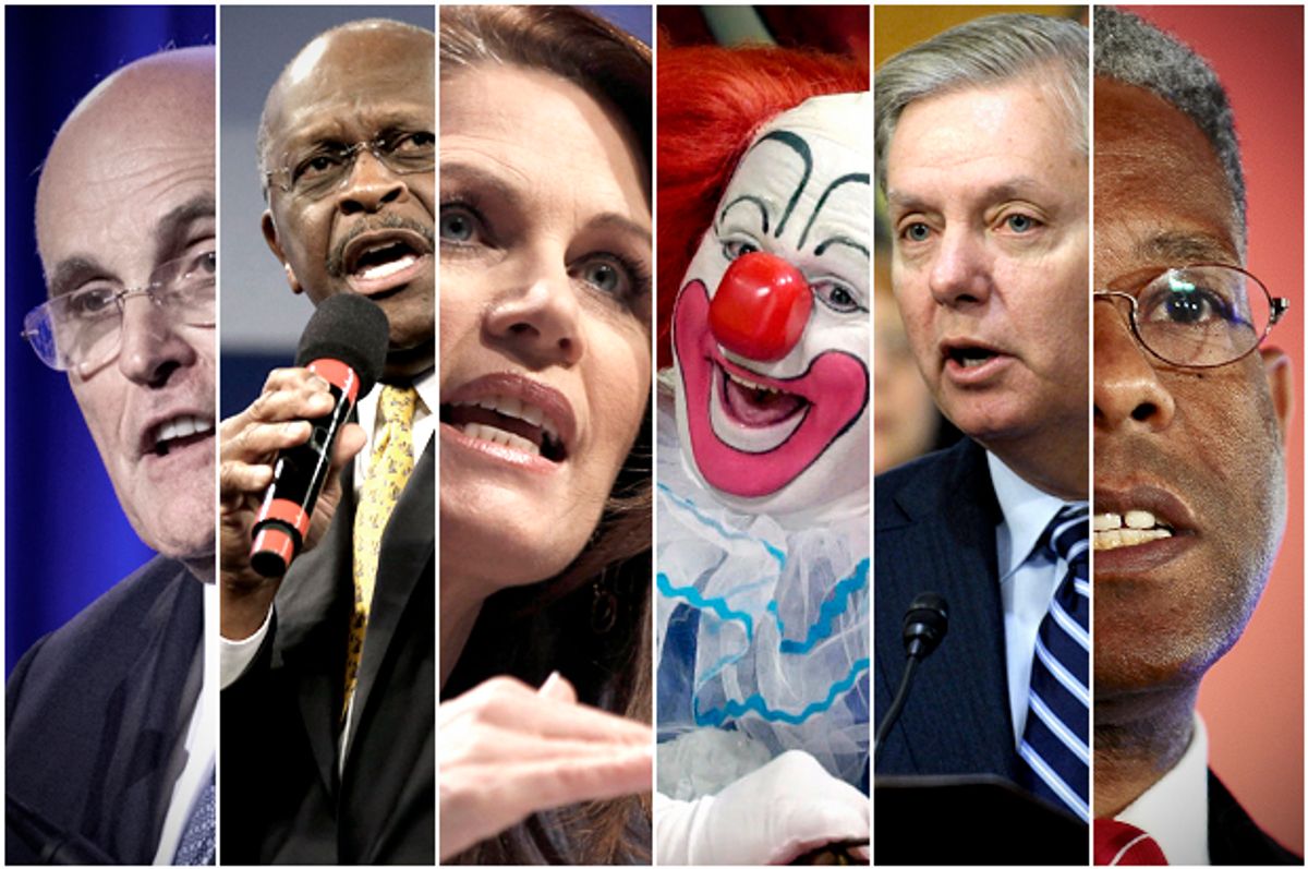 Rudy Giuliani, Herman Cain, Michele Bachmann, Bozo the Clown, Lindsey Graham, Allen West      (Reuters/AP/Salon)