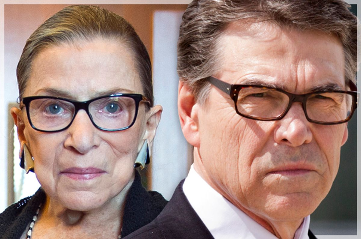 Ruth Bader Ginsburg, Rick Perry       (AP/Cliff Owen/Jacquelyn Martin/photo montage by Salon)