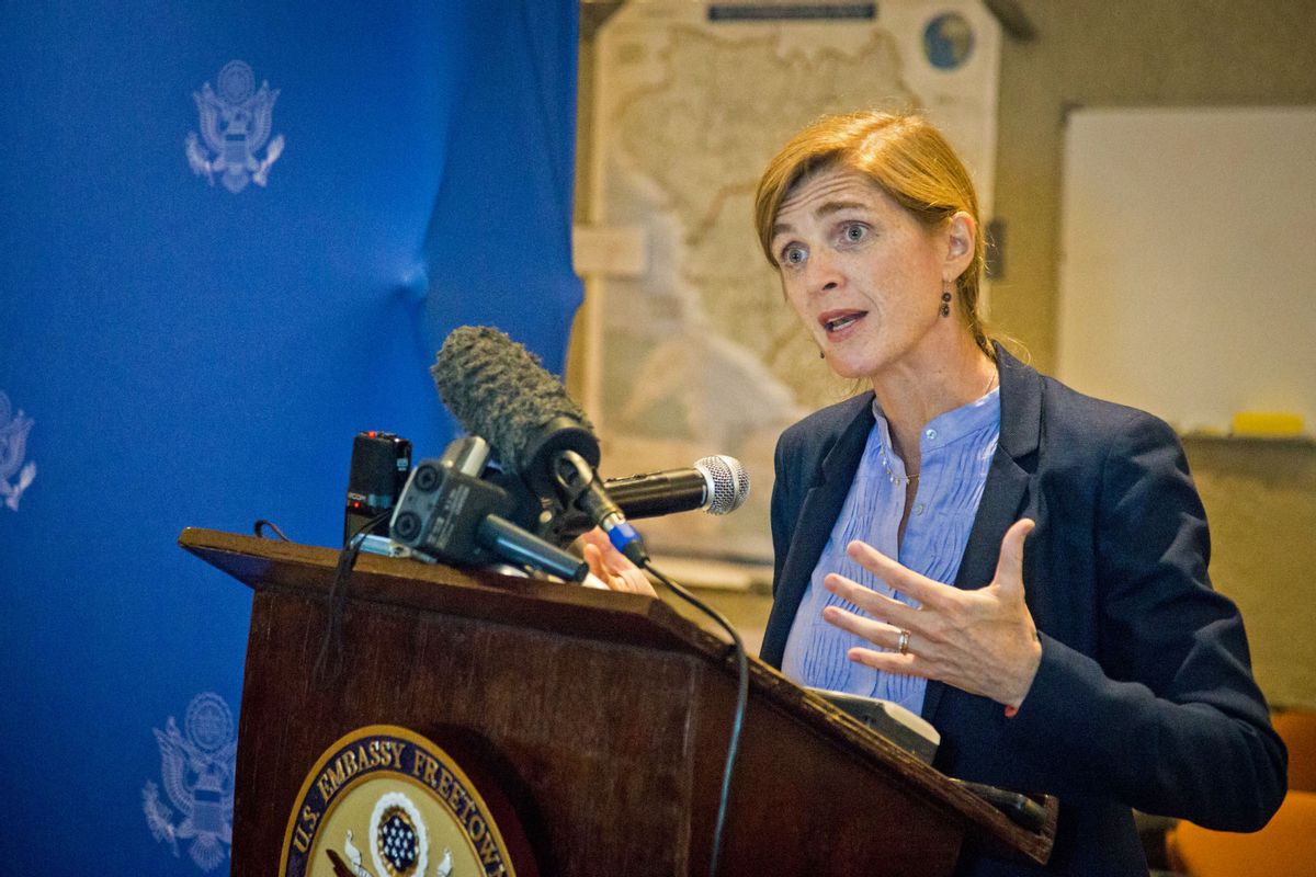 American ambassador to the United Nations Samantha Power speaks to media in the city of  Freetown , Sierra Leone, Monday, Oct. 27, 2014. The United States will help fight Ebola over "the long haul," the American ambassador to the United Nations said on a trip to the West African countries hit by the outbreak. Samantha Power, who is visiting Sierra Leone on Monday, met Sunday with religious leaders in Guinea, where the Ebola outbreak was first identified in March.  (AP Photo/ Michael Duff) (AP)