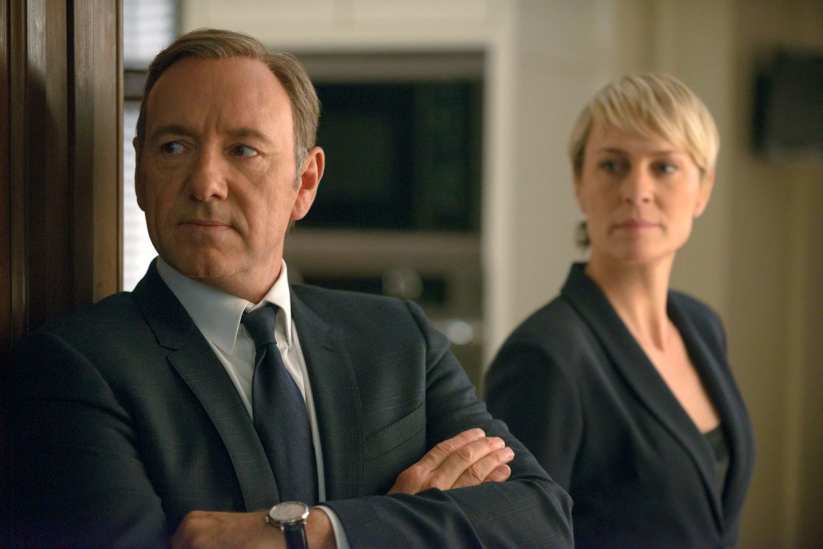 This file photo released by Netflix shows Kevin Spacey as Francis Underwood, left, and Robin Wright as Clair Underwood in a scene from Netflix's series, "House of Cards."  A gift of membership to Netflix is a perfect present for a movie lover. (AP Photo/Netflix, Nathaniel E. Bell) (AP)