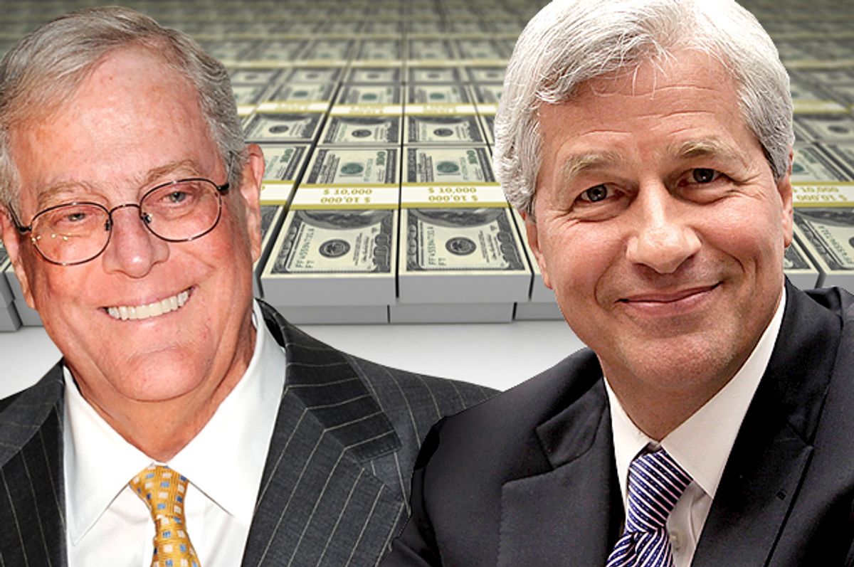 David Koch, Jamie Dimon            (AP/Evan Agostini/Reuters/Yuri Gripas/<a href='http://www.shutterstock.com/gallery-380674p1.html'>Jezper</a> via <a href='http://www.shutterstock.com/'>Shutterstock</a>/Salon)