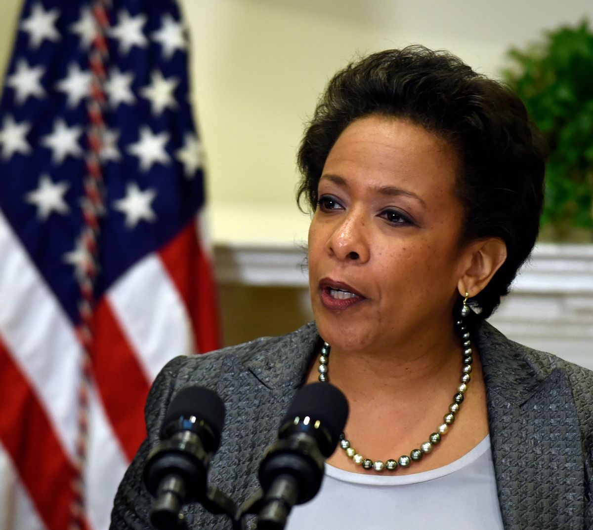 U.S. Attorney Loretta Lynch speaks in the Roosevelt Room of the White House in Washington, Saturday, Nov. 8, 2014, after President Barack Obama nominated her to be the next Attorney General succeeding Eric Holder. (AP Photo/Susan Walsh) (AP)