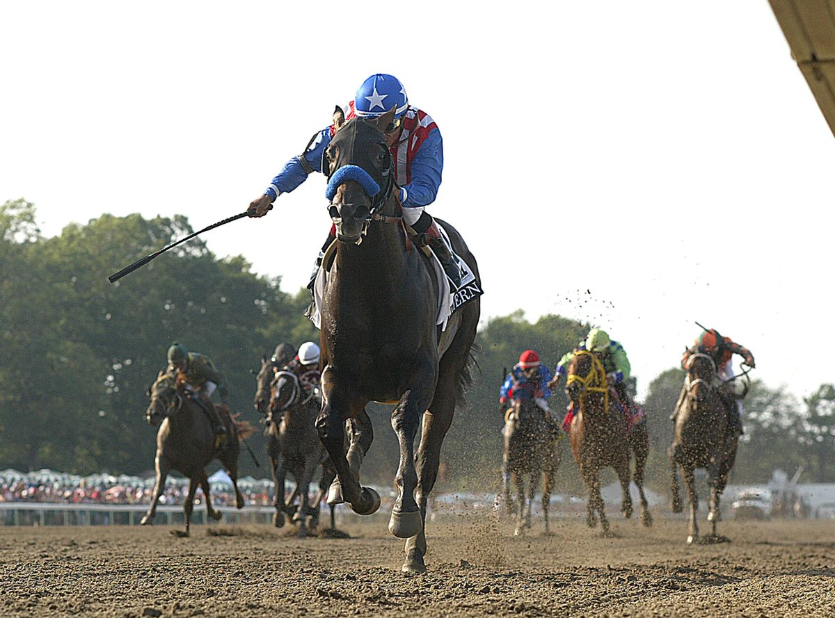 In a photo provided by Equi-Photo, Bayern, with Martin Garcia riding, wins the $1 million Haskell Invitational horse race at Monmouth Park on Sunday, July 27, 2014, in Oceanport, N.J.  Monmouth Park Racetrack is hoping sports gambling will save itself from the slow extinction facing much of the horse racing industry _ a wager that could have a big payoff if New Jersey can successfully fend off the opposition of the Justice Department, the four major pro sports leagues and the NCAA.  (AP Photo/Equi-Photo, Bill Denver) (AP)