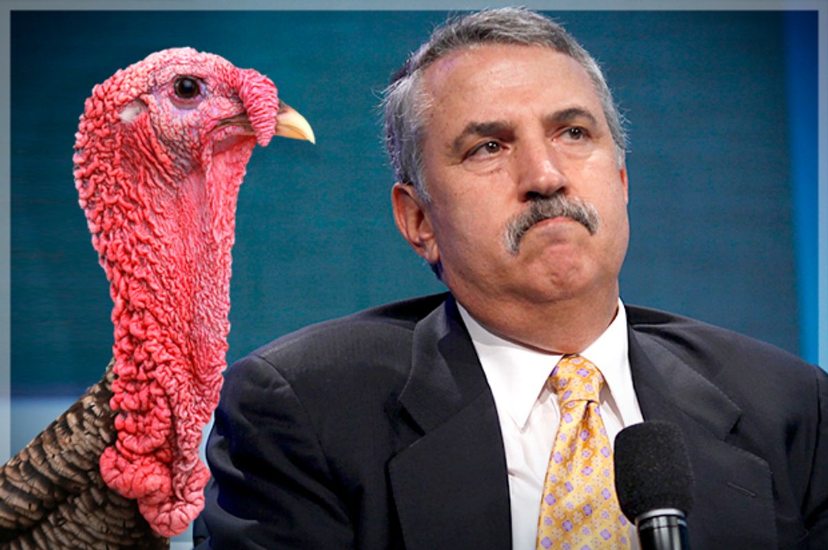 A turkey and Thomas Friedman         (Reuters/Lucas Jackson/<a href='http://www.shutterstock.com/gallery-91190p1.html'>panbazil</a> via <a href='http://www.shutterstock.com/'>Shutterstock</a>/Salon)