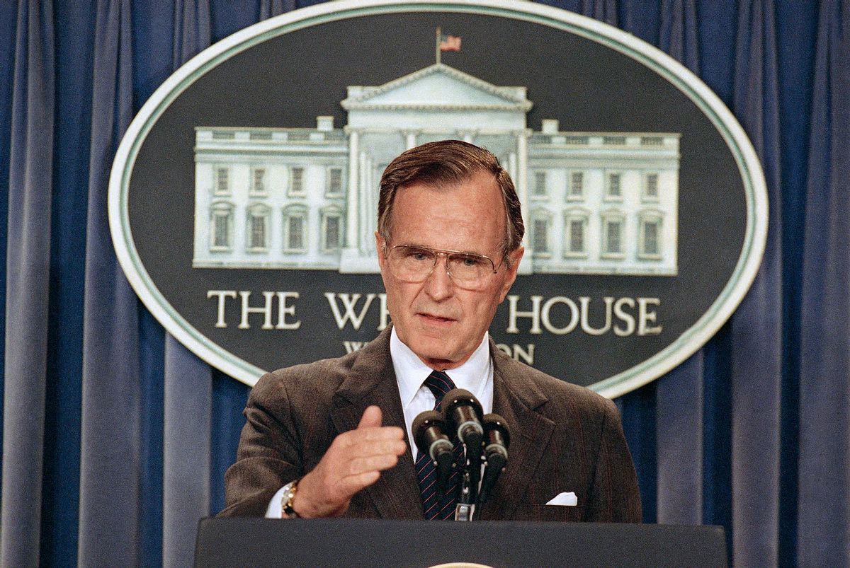 FILE - In this Thursday, May 11, 1989, file photo, President George H.W. Bush briefs reporters at the White House in Washington.  (AP Photo/Doug Mills, File) (AP)