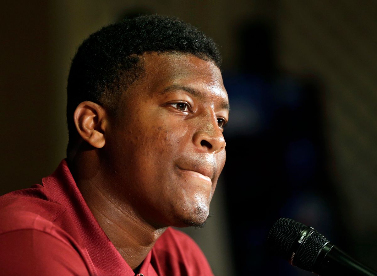 FILE - In this July 20, 2014, file photo, Florida State's Jameis Winston answers a question during a news conference at the Atlantic Coast Conference Football kickoff in Greensboro, N.C. Winston begins his student code of conduct hearing Tuesday, Dec. 2, 2014, in Tallahassee, Fla. (AP Photo/Chuck Burton, File)    (AP)