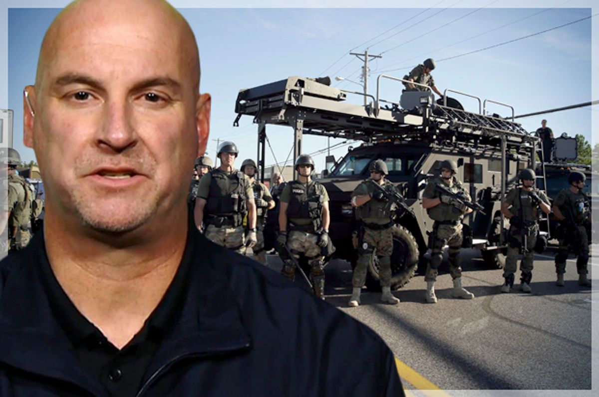 Jeffrey Follmer; Police in Ferguson, Mo., Aug. 13, 2014.        (MSNBC/AP/Jeff Roberson/Photo montage by Salon)