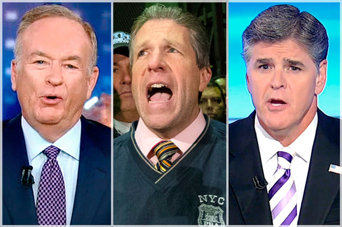 Bill O'Reilly, Patrick Lynch, Sean Hannity              (Fox News/AP/John Minchillo)