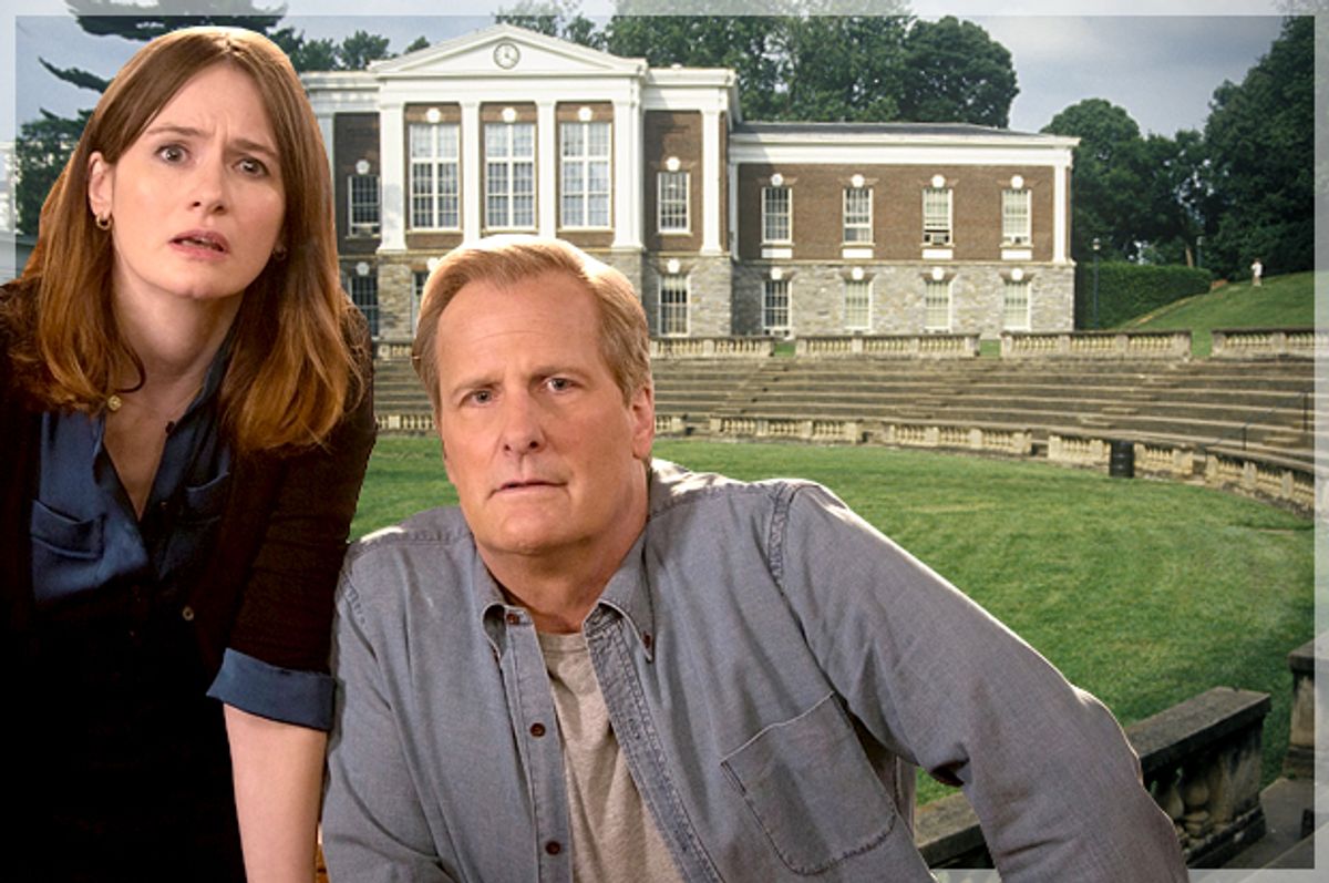 Emily Mortimer and Jeff Daniels in "The Newsroom"; the amphitheater at the University of Virginia           (HBO/Melissa Moseley/<a href='http://www.shutterstock.com/gallery-978674p1.html'>American Spirit</a> via <a href='http://www.shutterstock.com/'>Shutterstock</a>/Photo montage by Salon)