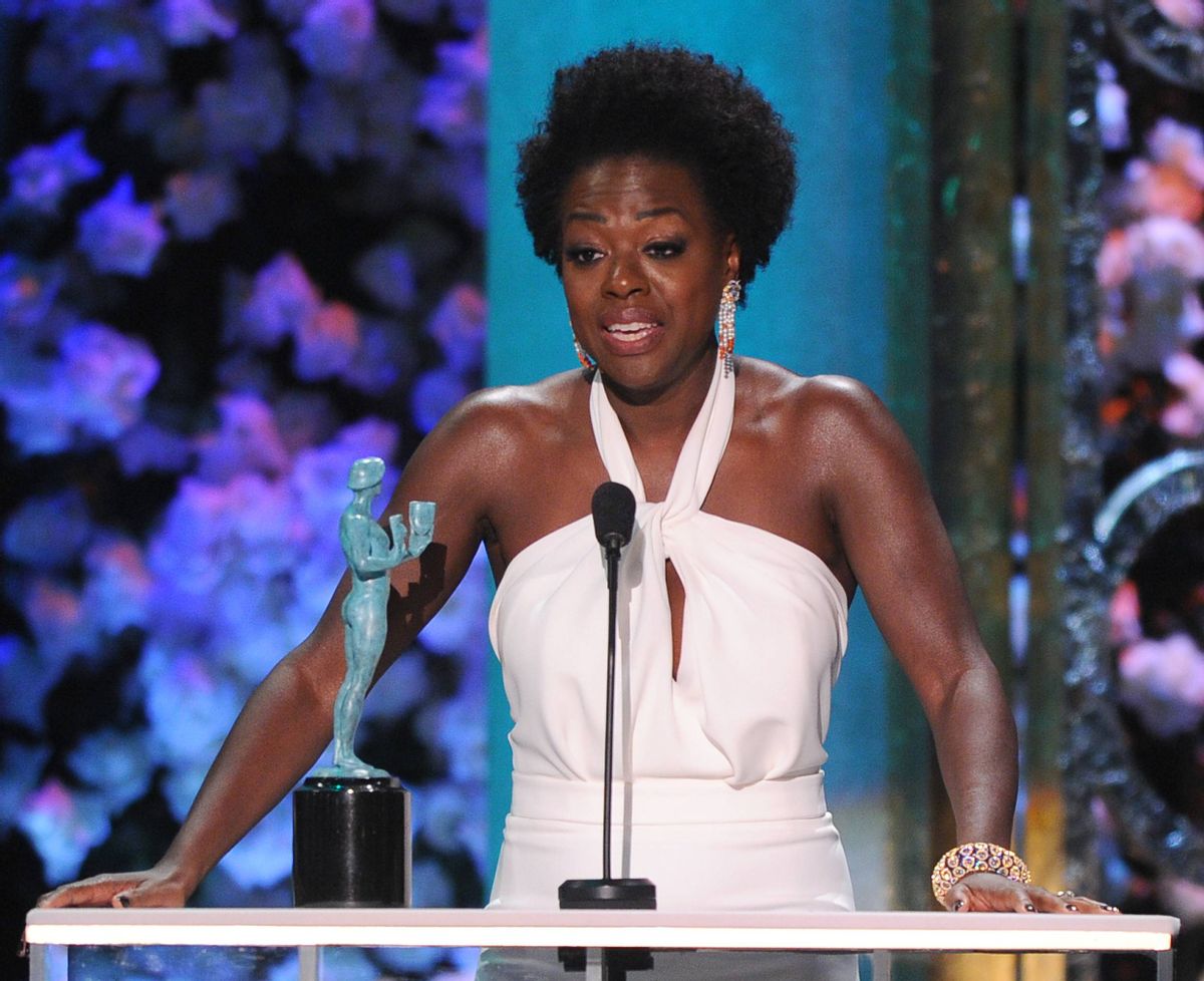 Viola Davis accepts the award for outstanding performance by a female actor in a drama series for How to Get Away with Murder on stage at the 21st annual Screen Actors Guild Awards at the Shrine Auditorium on Sunday, Jan. 25, 2015, in Los Angeles. (Photo by Vince Bucci/Invision/AP)  (Vince Bucci/Invision/AP)