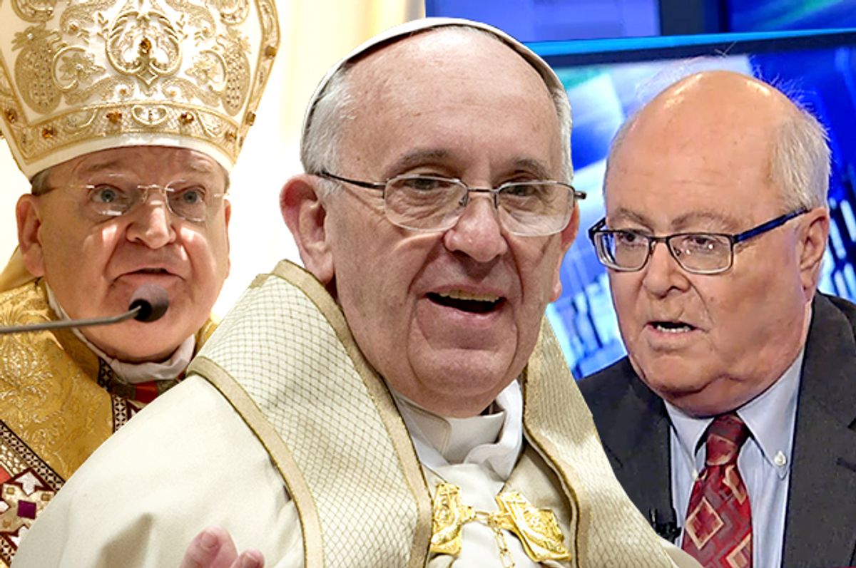 Cardinal Raymond Leo Burke, Pope Francis, Bill Donohue      (AP/Gregorio Borgia/Andrew Medichini/Fox News/Photo montage by Salon)