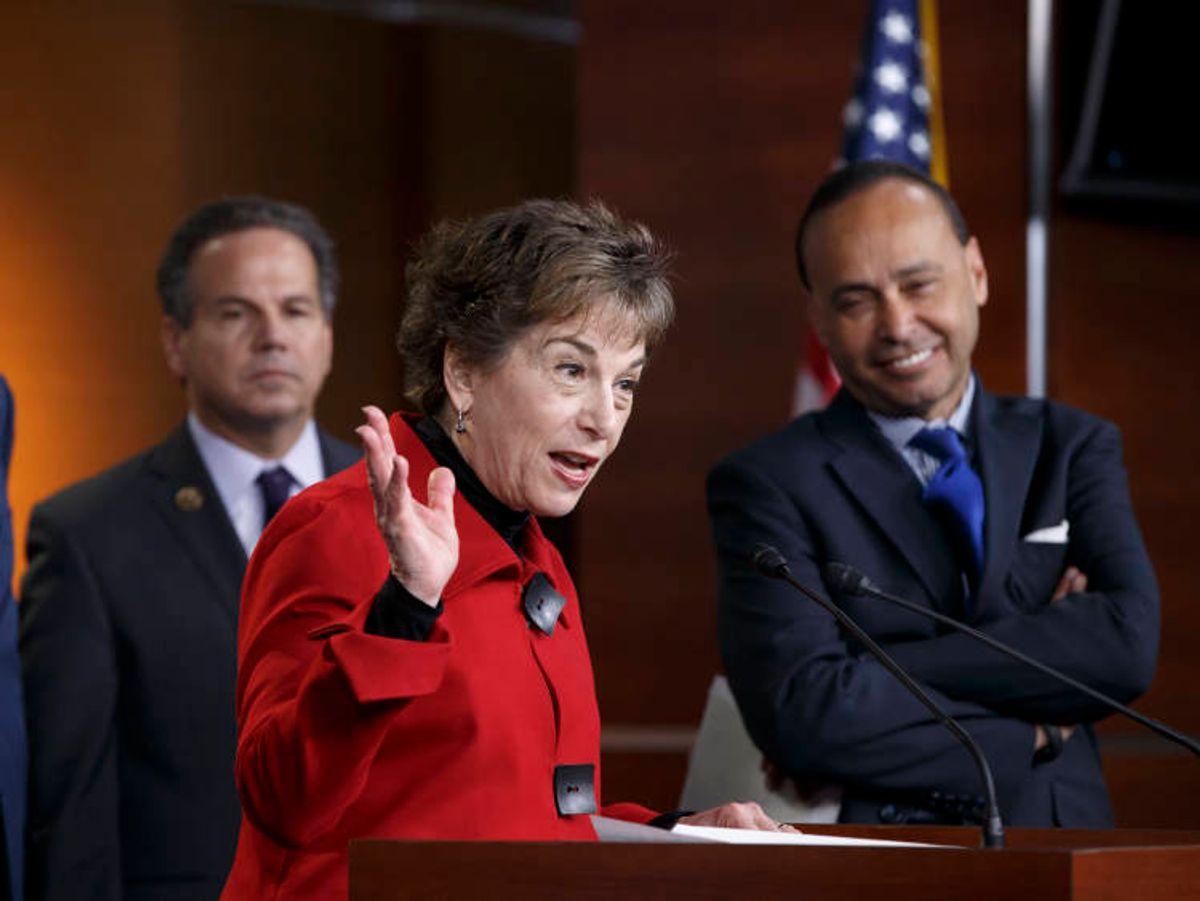 Rep. Jan Schakowsky, D-Ill., joined by Rep. Juan Vargas, D-Calif., left, and Rep. Luis Gutierrez, D-Ill., a leading advocate in the House for comprehensive immigration reform, speaks during a news conference on Capitol Hill in Washington, Tuesday, Jan. 13, 2015, on the implementation of President Barack Obama's executive actions to spare millions from immediate deportation.  (AP Photo/J. Scott Applewhite) (AP)
