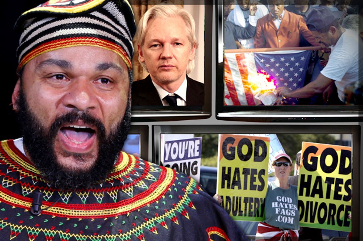 French comedian Dieudonné (left) was recently arrested for a Facebook post considered supportive of terrorism.     (Reuters/Gonzalo Fuentes/Salon)