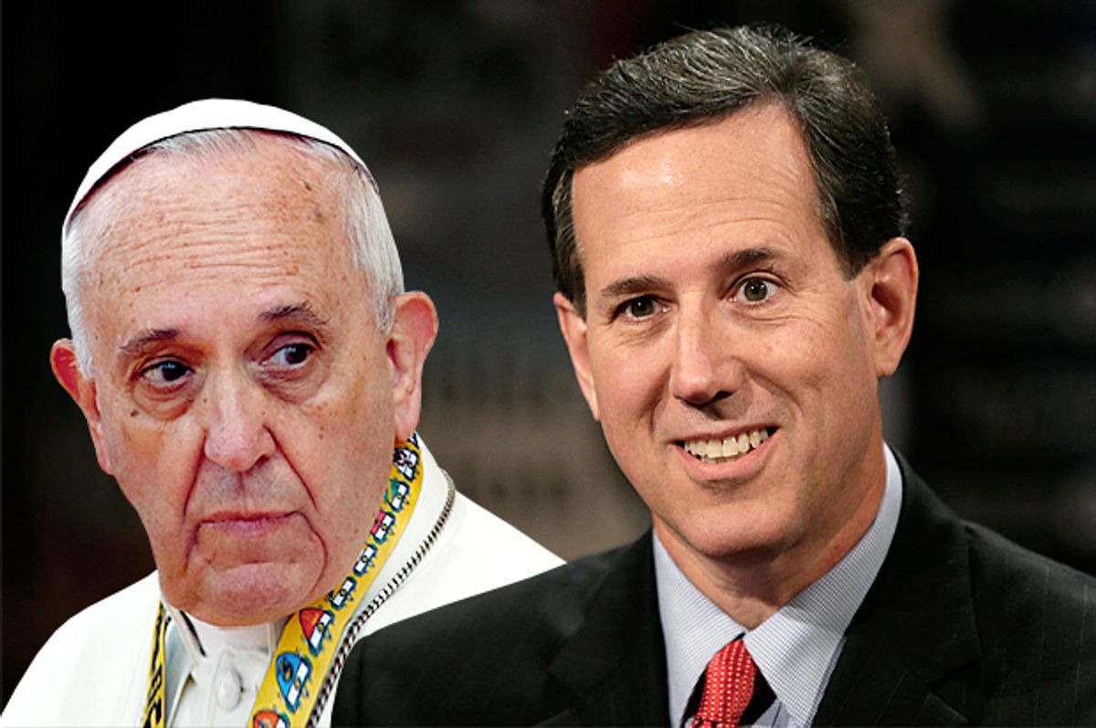 Pope Francis, Rick Santorum        (Reuters/Stefano Rellandini/AP/Charlie Neibergall/Photo montage by Salon)