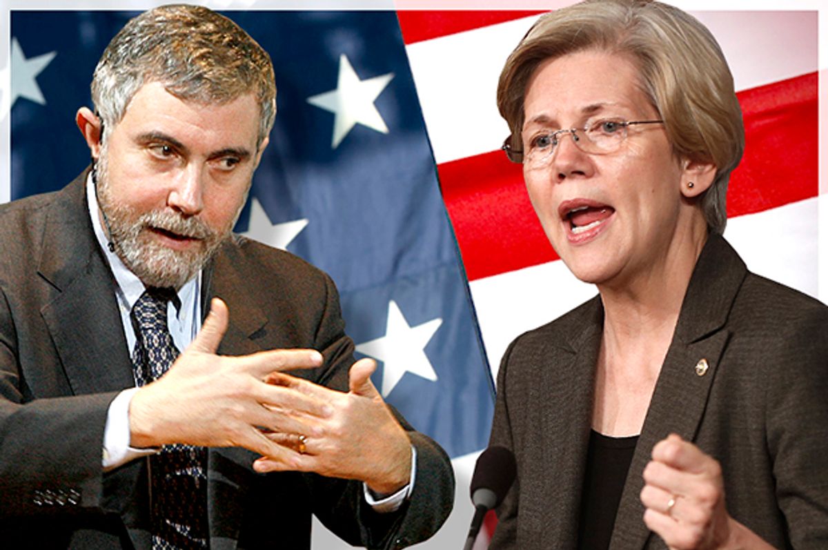 Paul Krugman, Elizabeth Warren                                     (Reuters/Bob Strong/AP/Charles Dharapak/Photo montage by Salon)