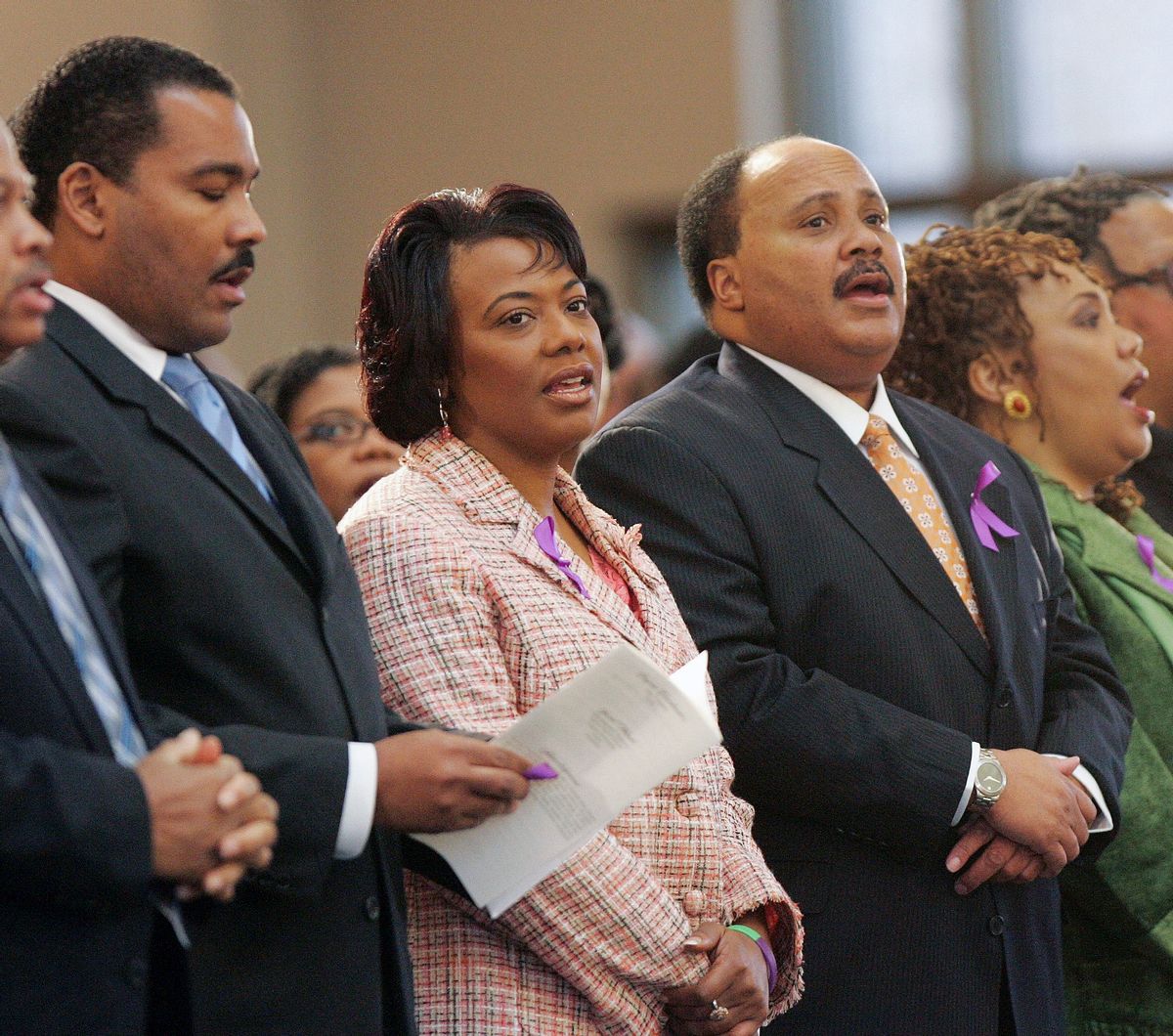 FILE - In this Feb. 6, 2006 file photo, the children of Martin Luther King Jr.,and Coretta Scott King, left to right, Dexter Scott King, Rev. Bernice King, Martin Luther King III and Yolanda King participate in a musical tribute to their mother at the new Ebenezer Baptist Church  in Atlanta Monday, Feb. 6, 2006.  A judge in Atlanta is set to hear motions Tuesday, Jan. 13, 2015, in the legal dispute that pits Martin Luther King Jr.s two sons against his daughter Bernice in a dispute over two of his most cherished items. (AP Photo/John Bazemore, File) (AP)