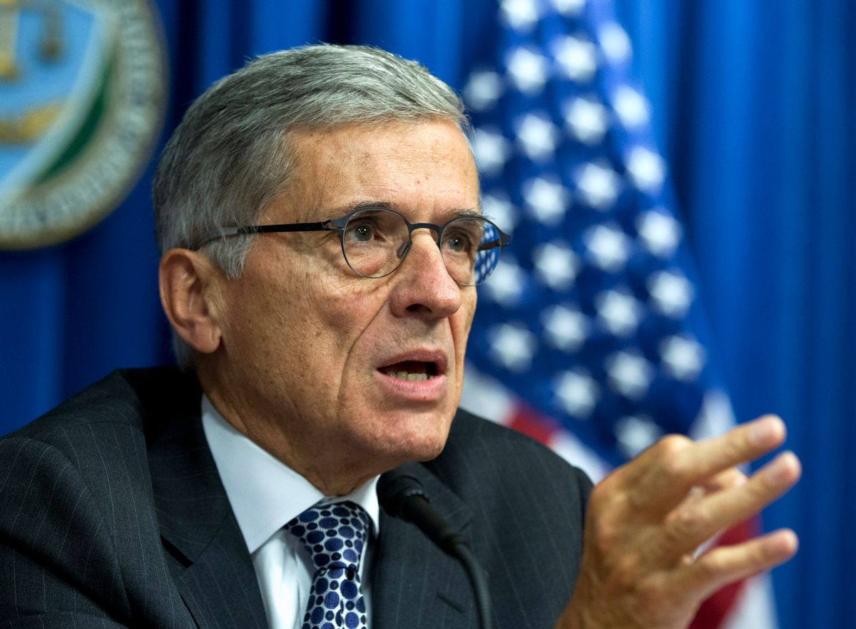 In this Oct. 8, 2014 file photo, Federal Communications Commission (FCC) Chairman Tom Wheeler speaks during new conference in Washington.   (AP Photo/Jose Luis Magana)