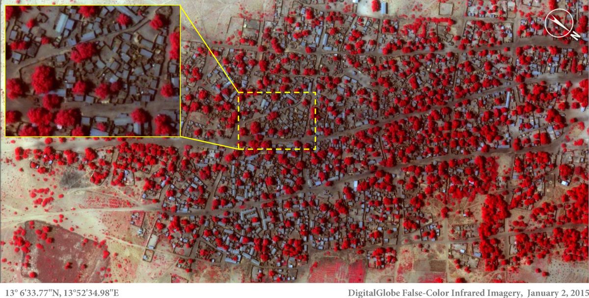 This Satellite image taken on Friday, Jan. 2, 2015 and released by Amnesty International of the village of Doron Baga in north-eastern Nigeria, shows before it was allegedly attacked by members of the Islamic extremist group Boko Haram. Satellite images showing widespread destruction in two Nigerian towns that were recently attacked by Islamic extremists, were released Thursday Jan. 15 by an  international human rights group  Amnesty International released detailed images of Baga and Doron Baga, taken before and after the attack earlier this month, that show more than 3,700 structures were damaged or completely destroyed. The images were taken Jan. 2 and Jan. 7, Amnesty International said. Boko Haram fighters seized a military base in Baga on Jan. 3 and, according to witnesses, killed hundreds civilians in the ensuing days. (AP Photo/ Micah Farfour, DigitalGlobe via Amnesty International) (AP)