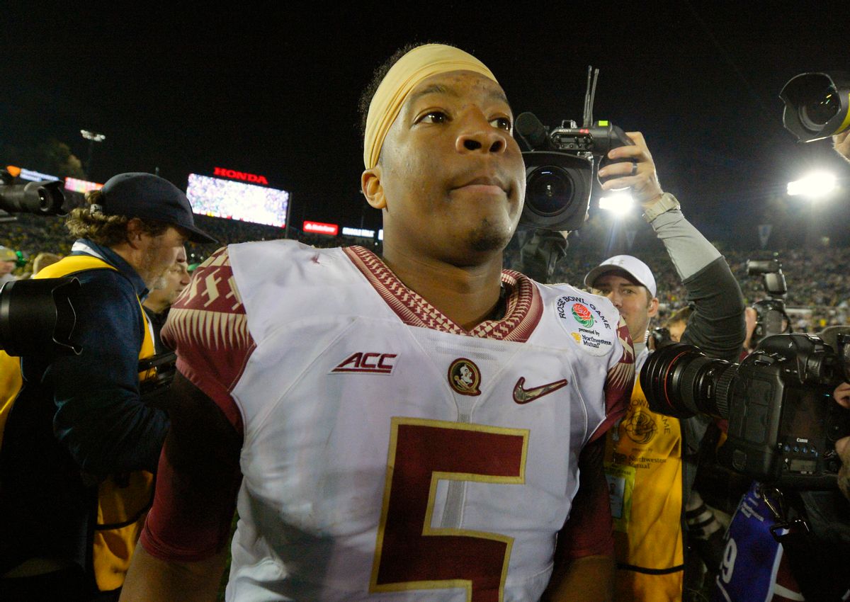 Florida State quarterback Jameis Winston walks off the field after their loss to Oregon during the Rose Bowl NCAA college football playoff semifinal, Thursday, Jan. 1, 2015, in Pasadena, Calif. (AP Photo/Mark J. Terrill)    (AP)