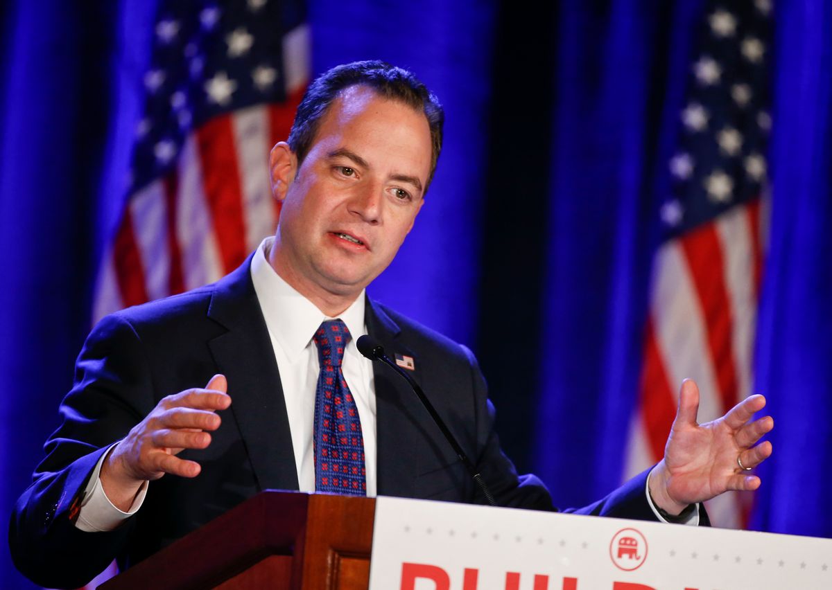 This photo taken Jan. 15, 2015 shows Republican National Committee Chairman Reince Priebus speaking at the Republican National Committee meetings in San Diego. Republicans meeting in California have re-elected party chairman Priebus, a once little-known Wisconsin lawyer who supporters say has turned the GOP organization around. (AP Photo/Lenny Ignelzi) (AP)