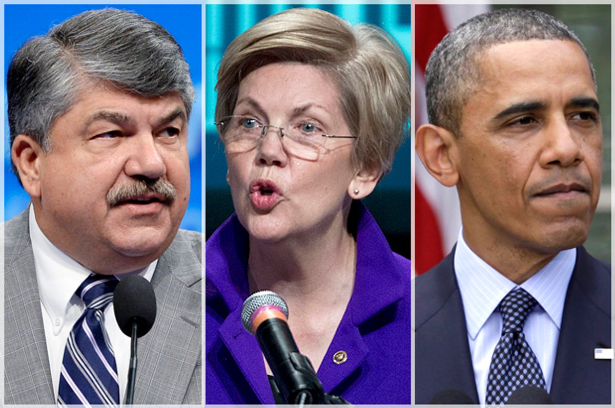 Richard Trumka, Elizabeth Warren, Barack Obama       (Reuters/AP/Kevork Djansezian/Jose Luis Magana/Yuri Gripas)