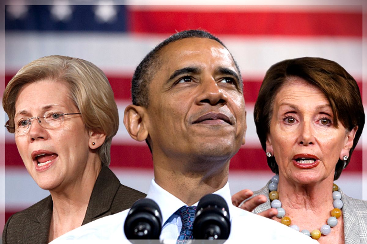 Elizabeth Warren, Barack Obama, Nancy Pelosi           (AP/Charles Dharapak/Carolyn Kaster/Reutesr/Kevin Lamarque/Photo montage by Salon)